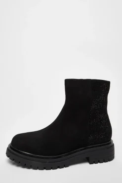 Quiz Wide Fit|Flats>Wide Fit Black Diamante Faux Suede Ankle Boots