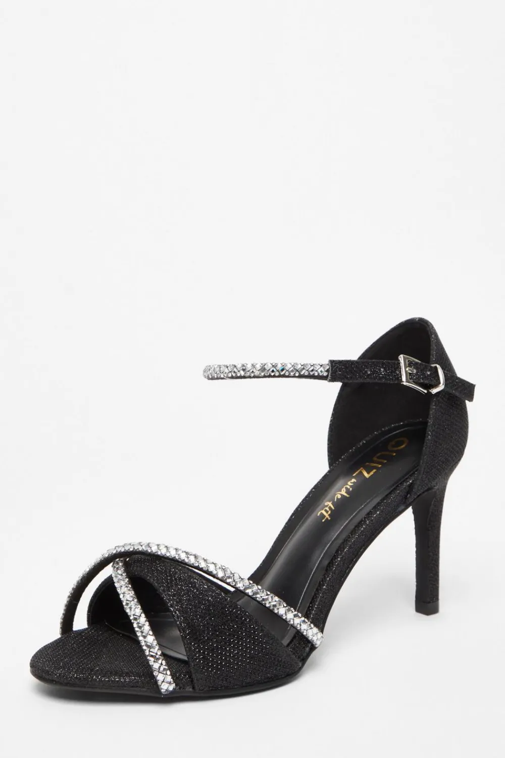 Quiz Wide Fit|Sandals>Wide Fit Black Diamante Heels
