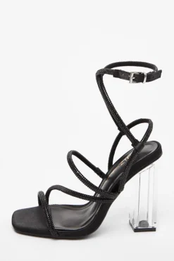 Quiz Wide Fit|Sandals>Wide Fit Black Diamante Heeled Sandals