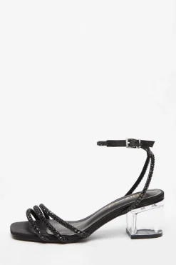 Quiz Wide Fit|Sandals>Wide Fit Black Diamante Low Heeled Sandal