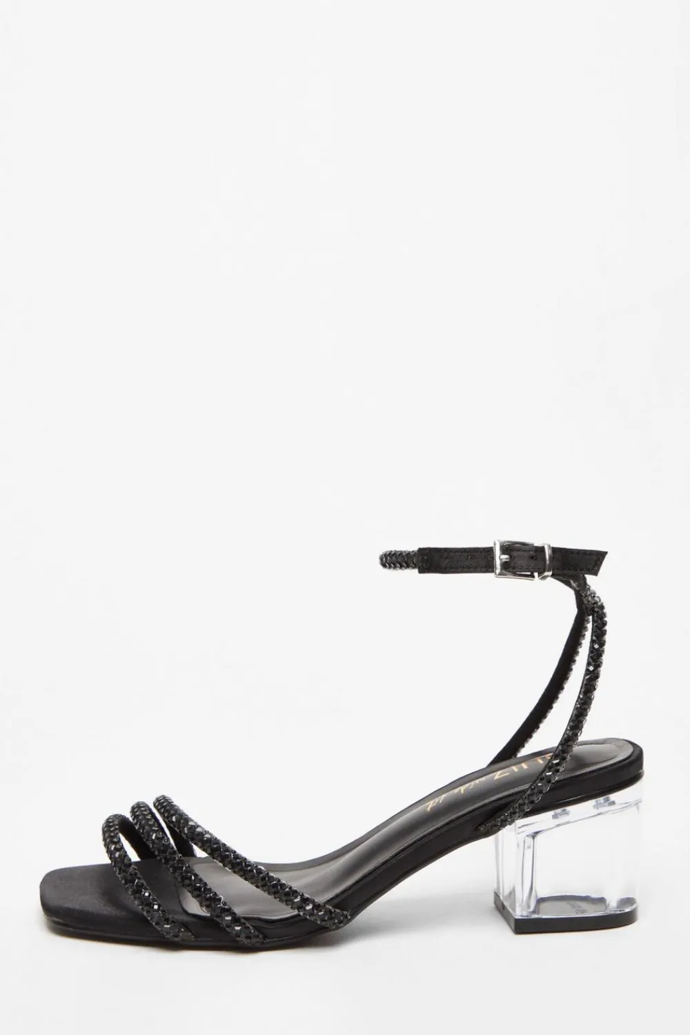 Quiz Wide Fit|Sandals>Wide Fit Black Diamante Low Heeled Sandal