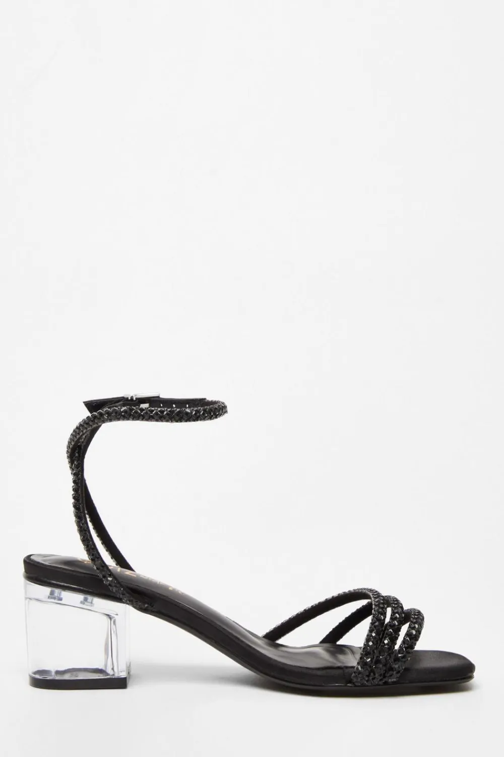 Quiz Wide Fit|Sandals>Wide Fit Black Diamante Low Heeled Sandal