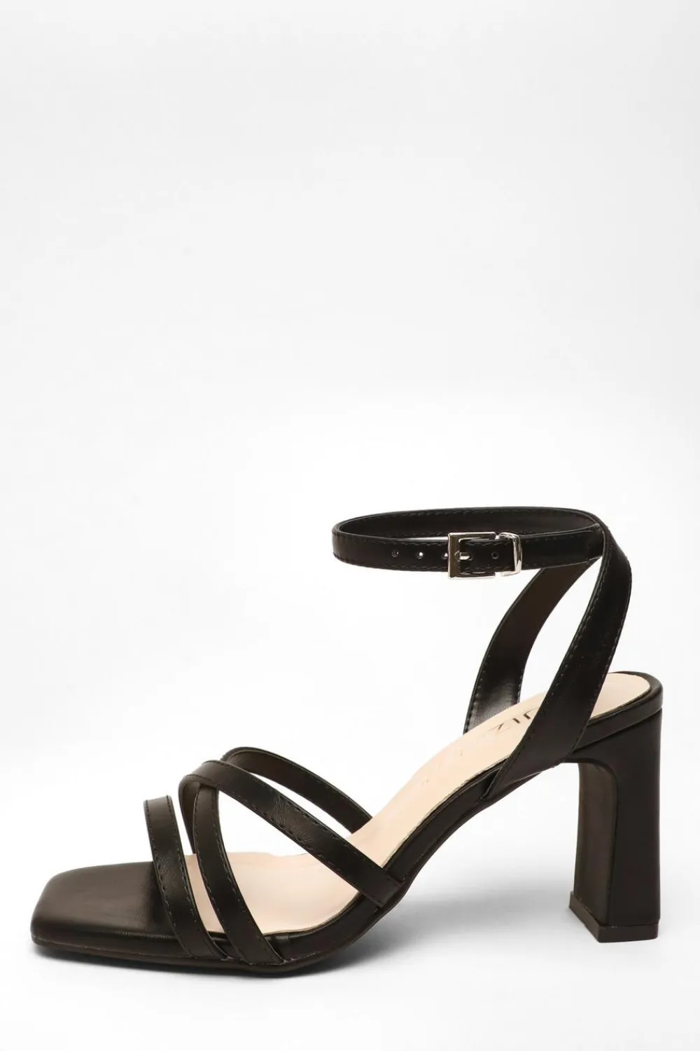 Quiz Wide Fit|Sandals>Wide Fit Black Faux Leather Strappy Heeled Sandals