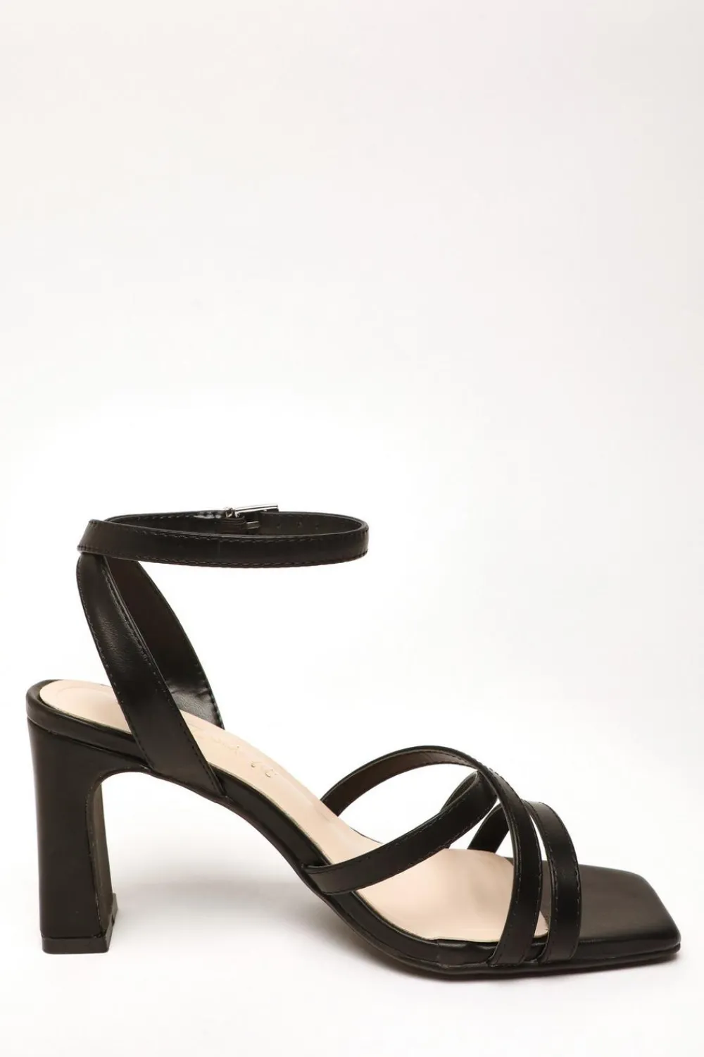 Quiz Wide Fit|Sandals>Wide Fit Black Faux Leather Strappy Heeled Sandals