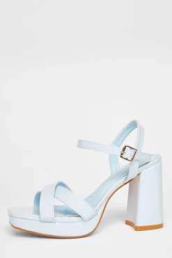 Quiz Wide Fit|Sandals>Wide Fit Blue Faux Leather Block Heels