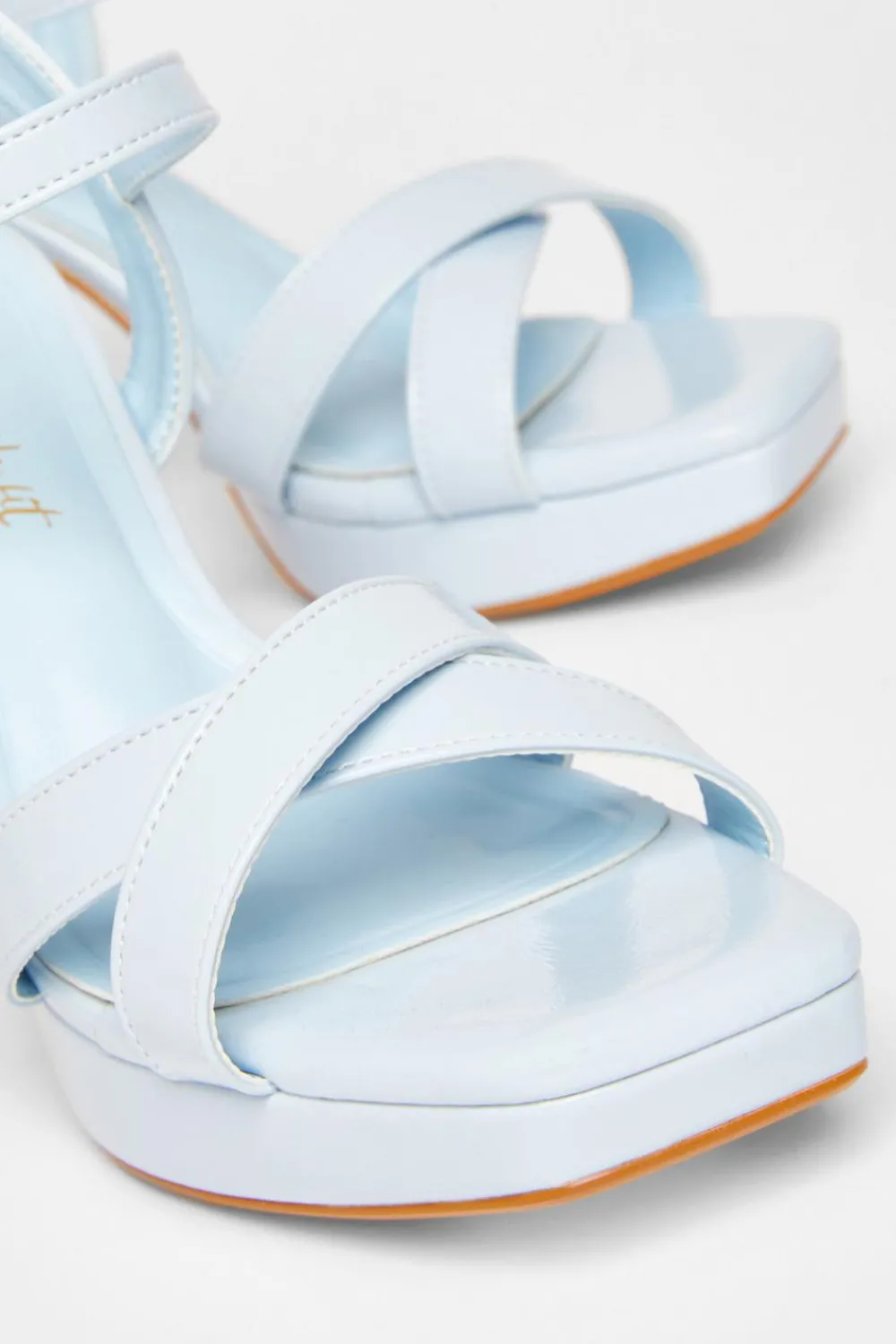 Quiz Wide Fit|Sandals>Wide Fit Blue Faux Leather Block Heels