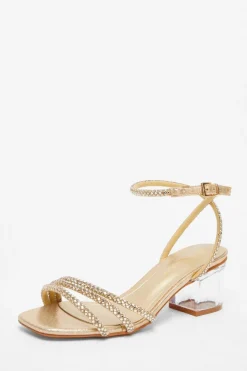 Quiz Wide Fit|Sandals>Wide Fit Gold Diamante Low Heeled Sandal