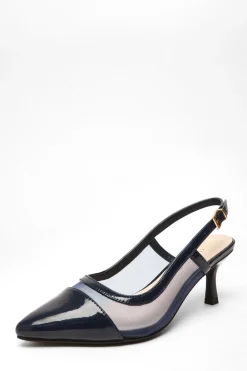 Quiz Wide Fit|Occasion Shoes>Wide Fit Navy Faux Leather Mesh Low Block Heel