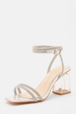 Quiz Wide Fit|Occasion Shoes>Wide Fit Silver Diamante Clear Block Heeled Sandals