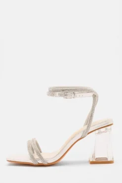 Quiz Wide Fit|Occasion Shoes>Wide Fit Silver Diamante Clear Block Heeled Sandals