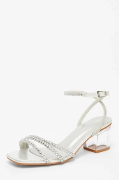 Quiz Wide Fit|Sandals>Wide Fit Silver Diamante Low Heeled Sandal