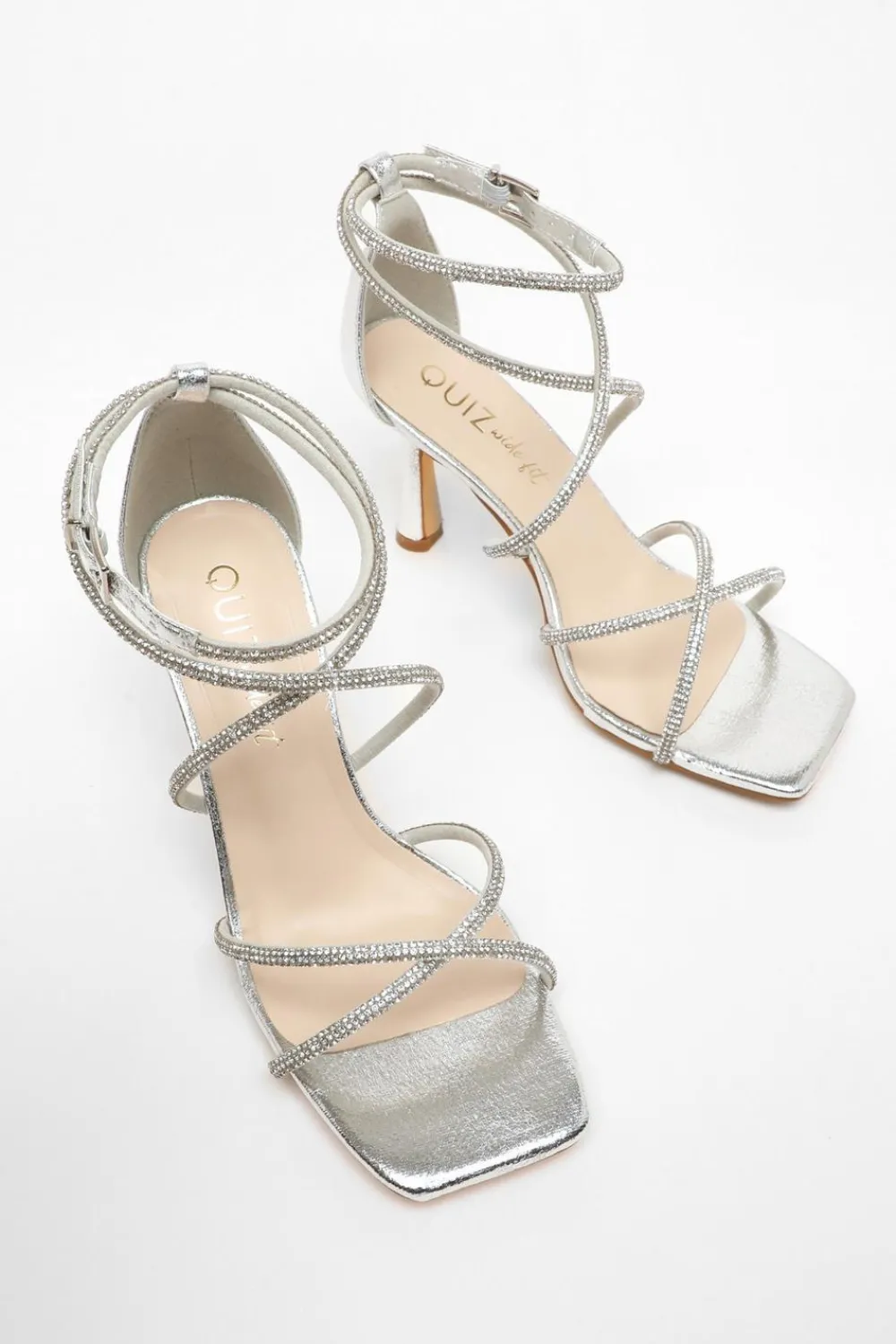 Quiz Wide Fit|Occasion Shoes>Wide Fit Silver Diamante Cross Strap Heeled Sandals