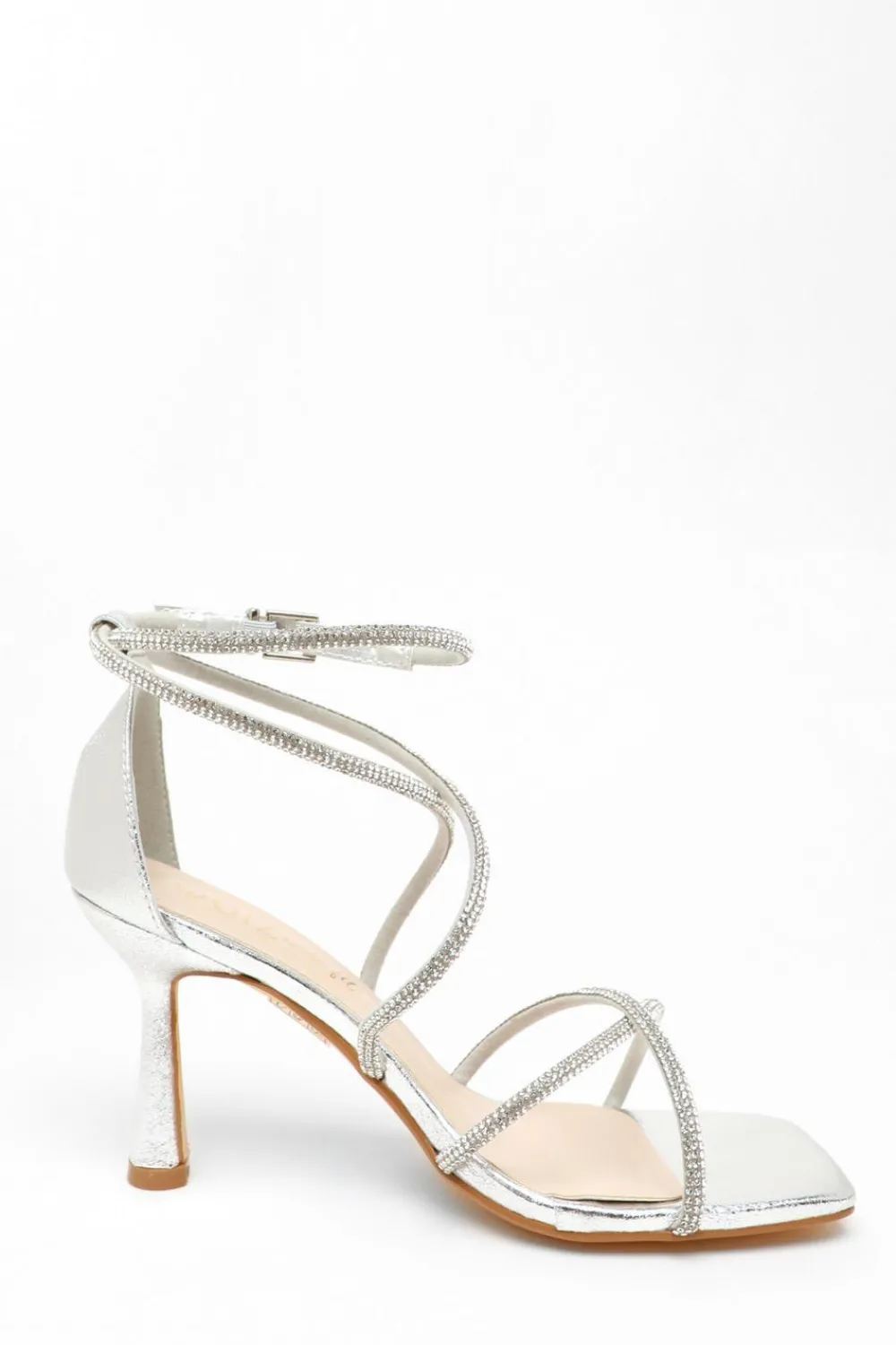 Quiz Wide Fit|Occasion Shoes>Wide Fit Silver Diamante Cross Strap Heeled Sandals