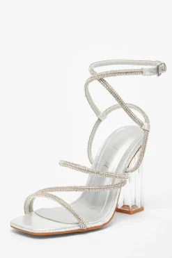 Quiz Wide Fit|Sandals>Wide Fit Silver Diamante Heeled Sandals