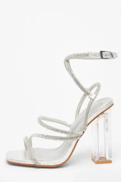 Quiz Wide Fit|Sandals>Wide Fit Silver Diamante Heeled Sandals