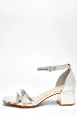 Quiz Wide Fit|Occasion Shoes>Wide Fit Silver Foil Strappy Low Block Heeled Sandals