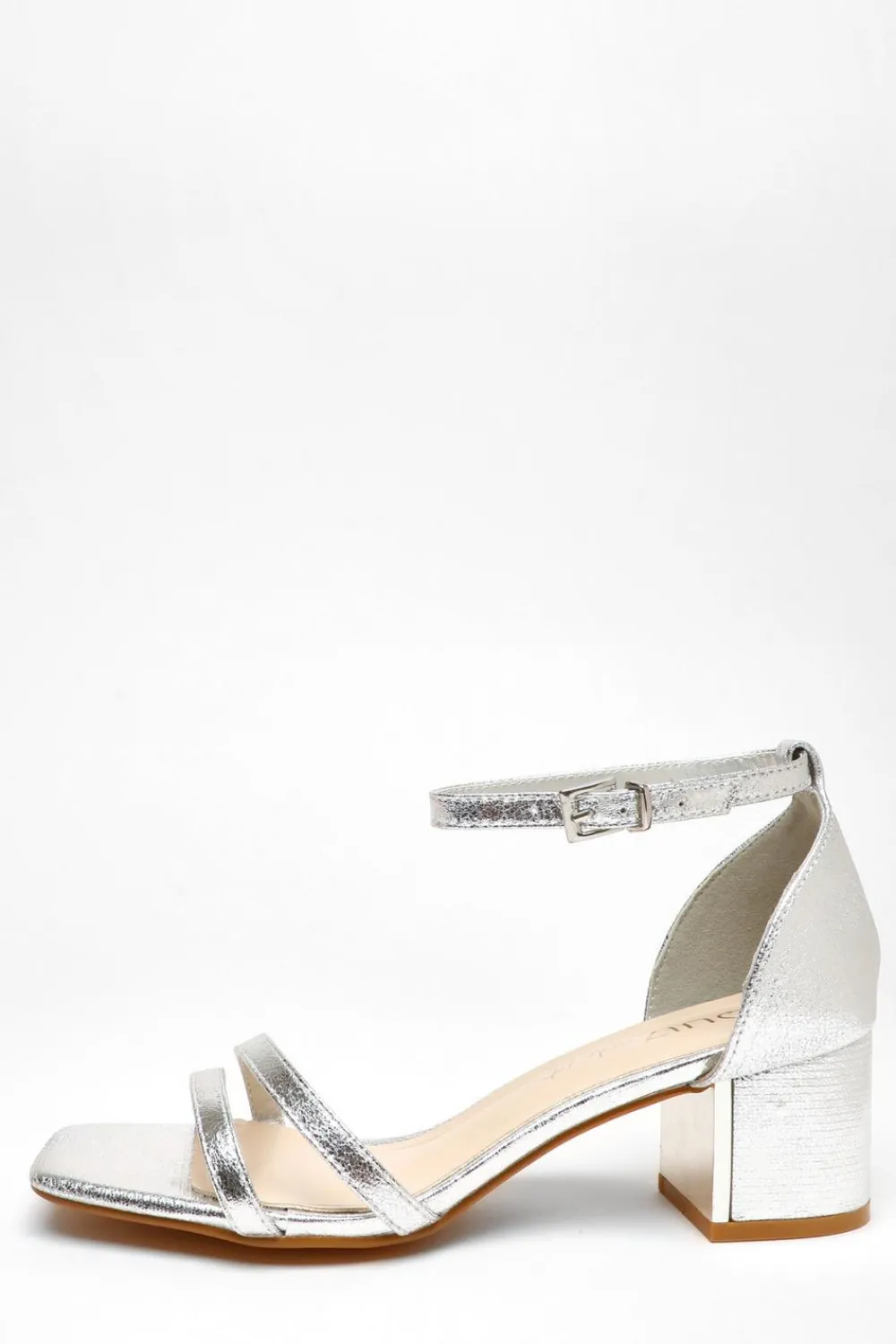 Quiz Wide Fit|Occasion Shoes>Wide Fit Silver Foil Strappy Low Block Heeled Sandals
