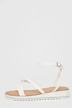 Quiz Wide Fit|Sandals>Wide Fit White Glitter Flat Sandals