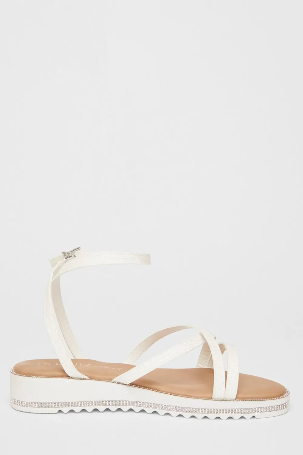 Quiz Wide Fit|Sandals>Wide Fit White Glitter Flat Sandals