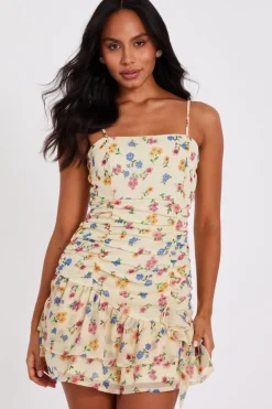 Quiz Summer Clothes|Holiday>Yellow Floral Mini Dress