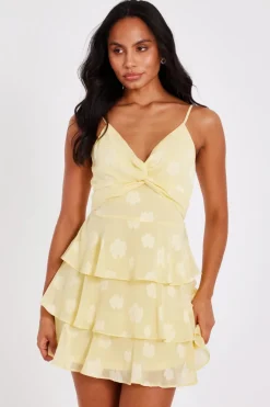 Quiz Summer Clothes|Holiday>Yellow Floral Tiered Skater Dress