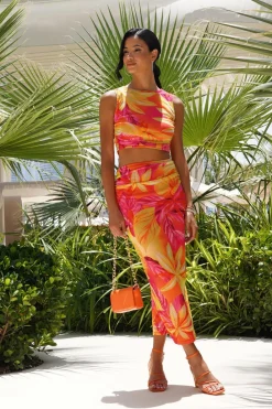 Quiz Summer Clothes|Holiday>Yellow Tropical Print Mesh Maxi Skirt