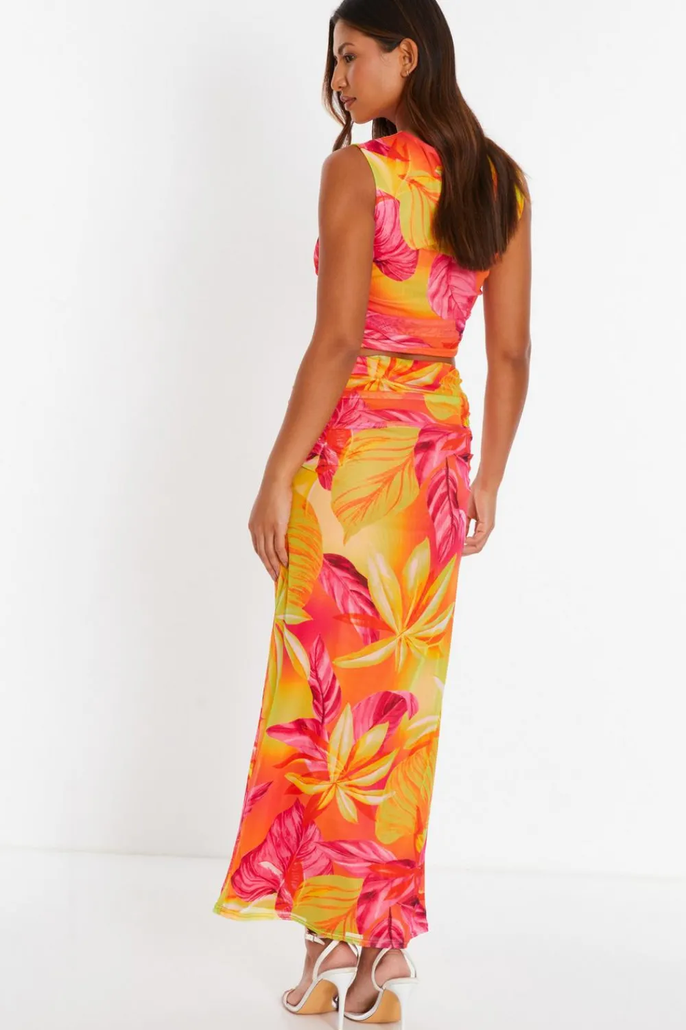 Quiz Summer Clothes|Holiday>Yellow Tropical Print Mesh Maxi Skirt