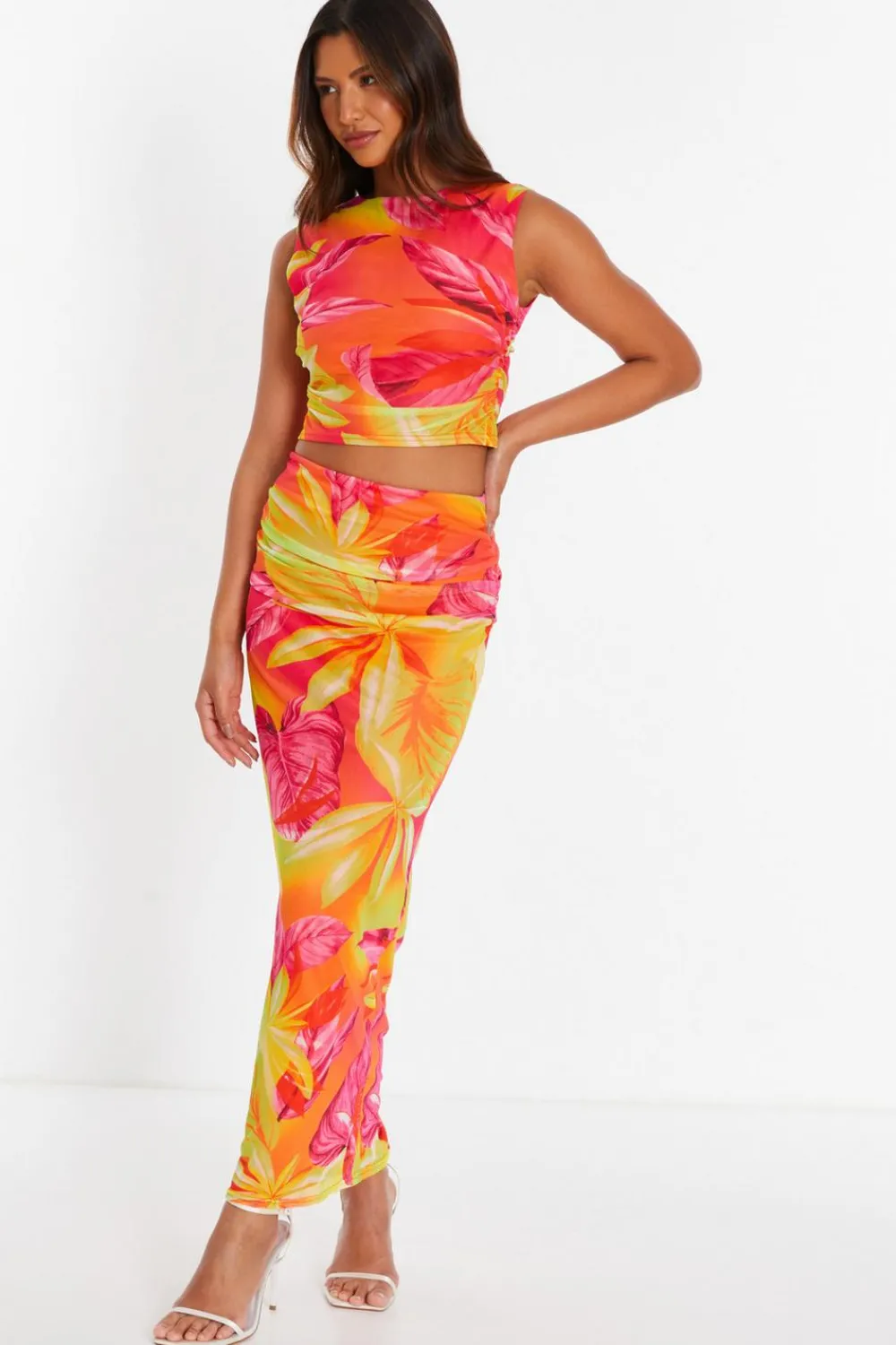 Quiz Summer Clothes|Holiday>Yellow Tropical Print Mesh Maxi Skirt