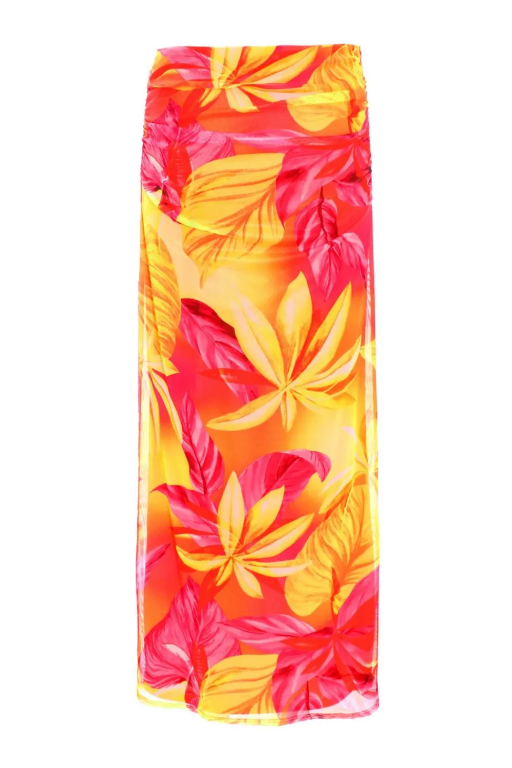 Quiz Summer Clothes|Holiday>Yellow Tropical Print Mesh Maxi Skirt
