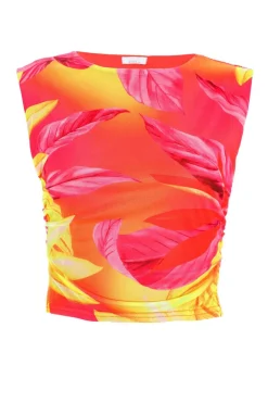 Quiz Summer Tops|Crop Tops>Yellow Tropical Print Mesh Top